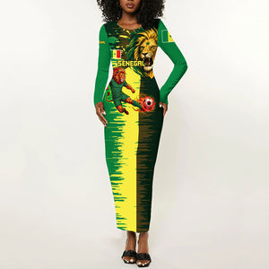Personalized Senegal Football Lion Long Sleeve Bodycon Dress Fierce Roaring Lion Soccer Art With Senegal Flag