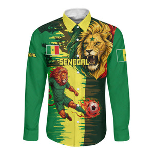 Personalized Senegal Football Lion Long Sleeve Button Shirt Fierce Roaring Lion Soccer Art With Senegal Flag