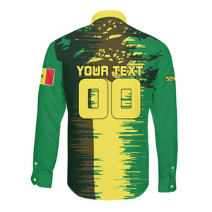 Personalized Senegal Football Lion Long Sleeve Button Shirt Fierce Roaring Lion Soccer Art With Senegal Flag