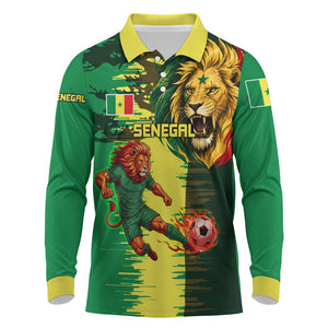 Personalized Senegal Football Lion Long Sleeve Polo Shirt Fierce Roaring Lion Soccer Art With Senegal Flag