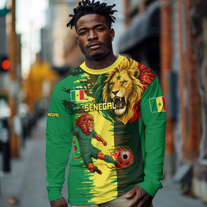 Personalized Senegal Football Lion Long Sleeve Shirt Fierce Roaring Lion Soccer Art With Senegal Flag