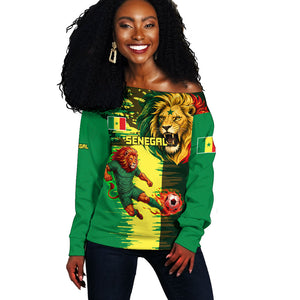 Personalized Senegal Football Lion Off Shoulder Sweater Fierce Roaring Lion Soccer Art With Senegal Flag