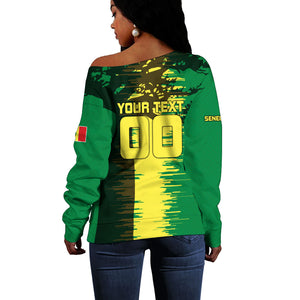 Personalized Senegal Football Lion Off Shoulder Sweater Fierce Roaring Lion Soccer Art With Senegal Flag