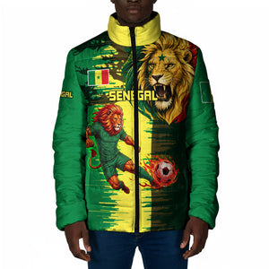 Personalized Senegal Football Lion Padded Jacket Fierce Roaring Lion Soccer Art With Senegal Flag