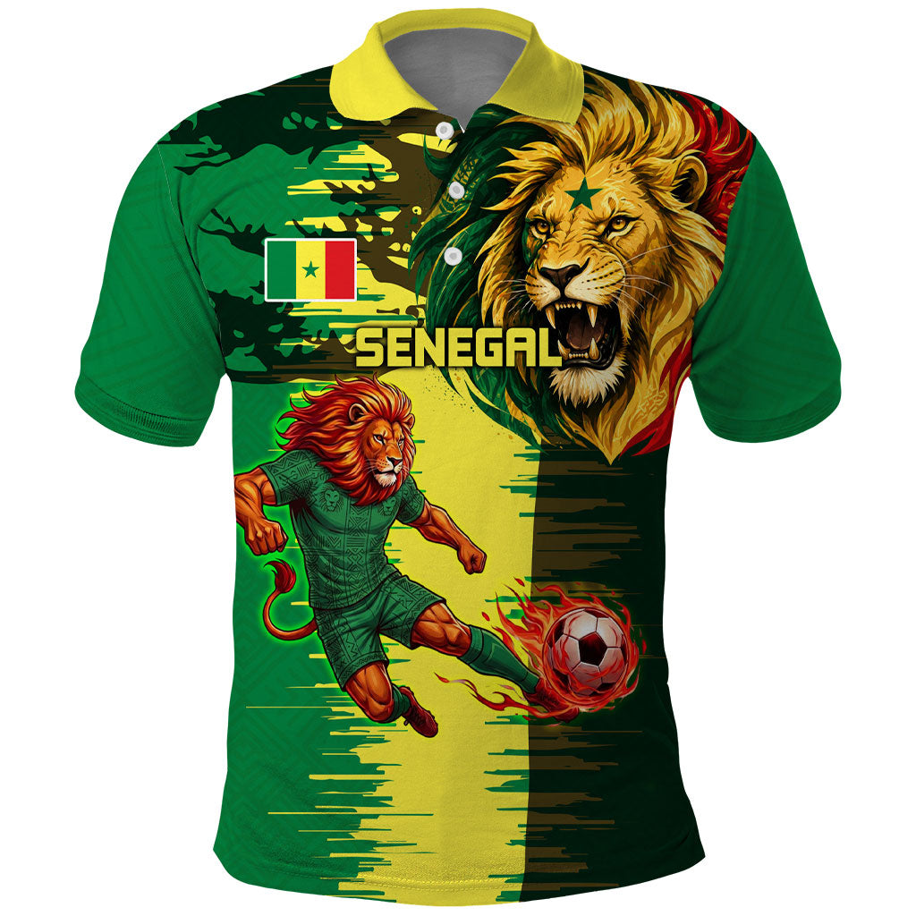Personalized Senegal Football Lion Polo Shirt Fierce Roaring Lion Soccer Art With Senegal Flag