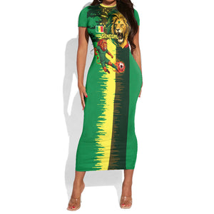 Personalized Senegal Football Lion Short Sleeve Bodycon Dress Fierce Roaring Lion Soccer Art With Senegal Flag