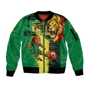Personalized Senegal Football Lion Sleeve Zip Bomber Jacket Fierce Roaring Lion Soccer Art With Senegal Flag