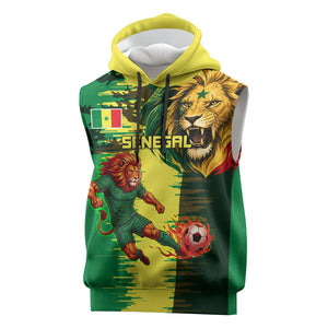 Personalized Senegal Football Lion Sleeveless Hoodie Fierce Roaring Lion Soccer Art With Senegal Flag