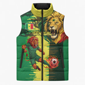 Personalized Senegal Football Lion Sleeveless Puffer Jacket Fierce Roaring Lion Soccer Art With Senegal Flag