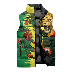 Personalized Senegal Football Lion Sleeveless Puffer Jacket Fierce Roaring Lion Soccer Art With Senegal Flag