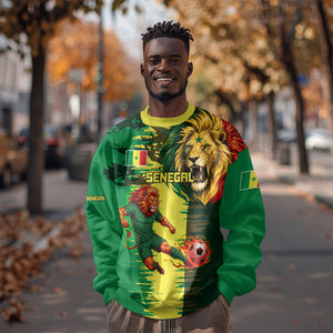 Personalized Senegal Football Lion Sweatshirt Fierce Roaring Lion Soccer Art With Senegal Flag