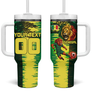 Personalized Senegal Football Lion Tumbler With Handle Fierce Roaring Lion Soccer Art With Senegal Flag