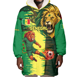 Personalized Senegal Football Lion Wearable Blanket Hoodie Fierce Roaring Lion Soccer Art With Senegal Flag