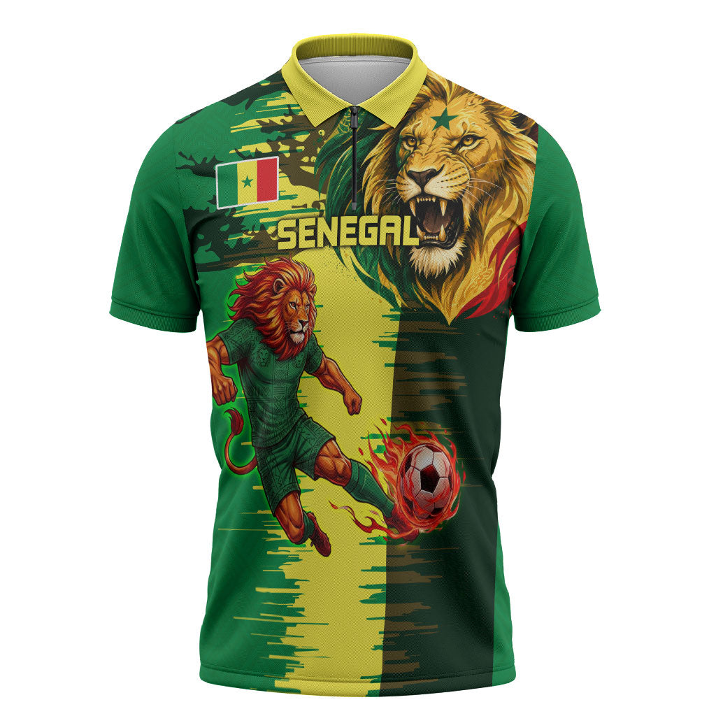 Personalized Senegal Football Lion Zipper Polo Shirt Fierce Roaring Lion Soccer Art With Senegal Flag