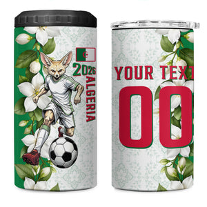 Personalized Algeria Football Desert Fox 4 in 1 Can Cooler Tumbler Desert Fox Mascot Soccer Art With Floral Jasmine And Flag