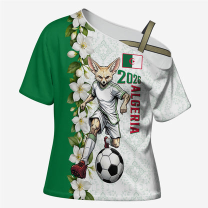 Personalized Algeria Football Desert Fox Cross Shoulder Shirt Desert Fox Mascot Soccer Art With Floral Jasmine And Flag