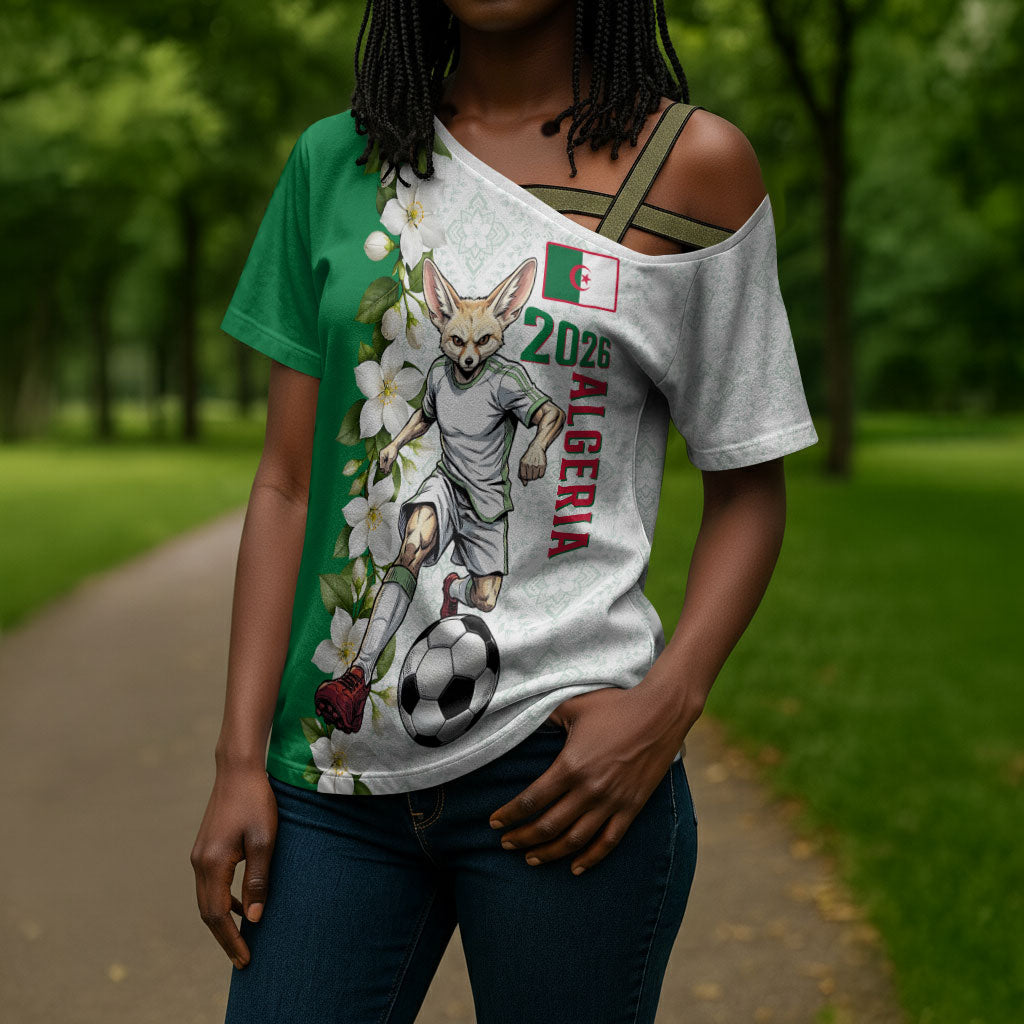 Personalized Algeria Football Desert Fox Cross Shoulder Shirt Desert Fox Mascot Soccer Art With Floral Jasmine And Flag