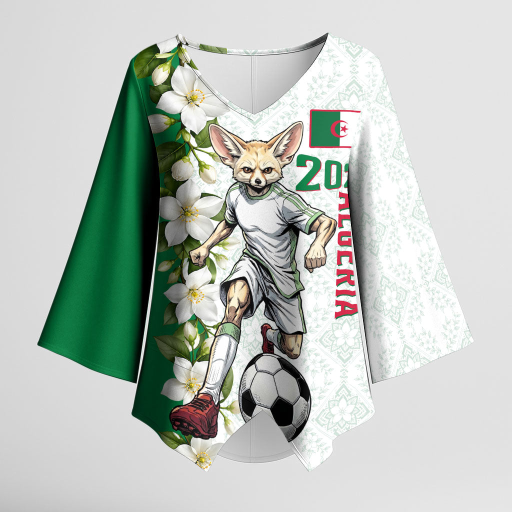 Personalized Algeria Football Desert Fox Kimono Sleeve Blouse Desert Fox Mascot Soccer Art With Floral Jasmine And Flag