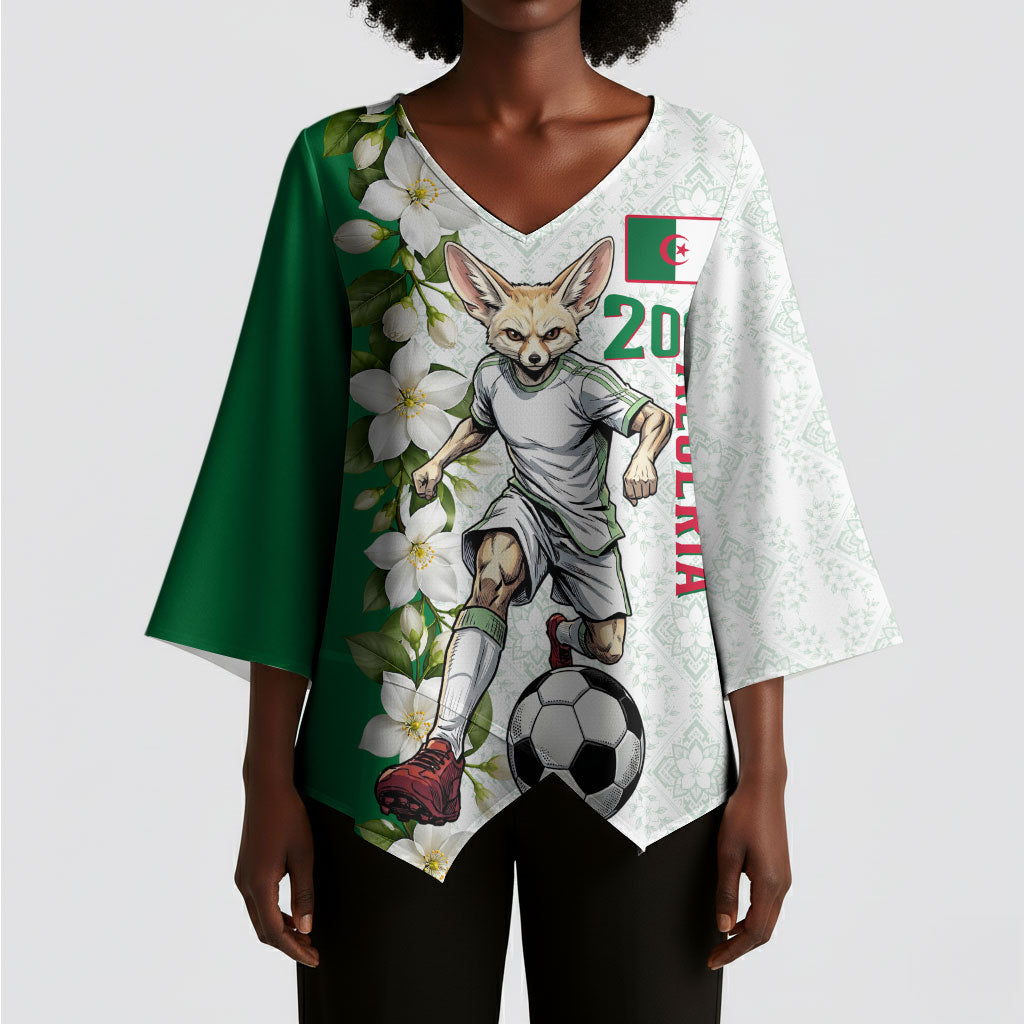 Personalized Algeria Football Desert Fox Kimono Sleeve Blouse Desert Fox Mascot Soccer Art With Floral Jasmine And Flag