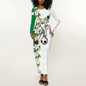 Personalized Algeria Football Desert Fox Long Sleeve Bodycon Dress Desert Fox Mascot Soccer Art With Floral Jasmine And Flag