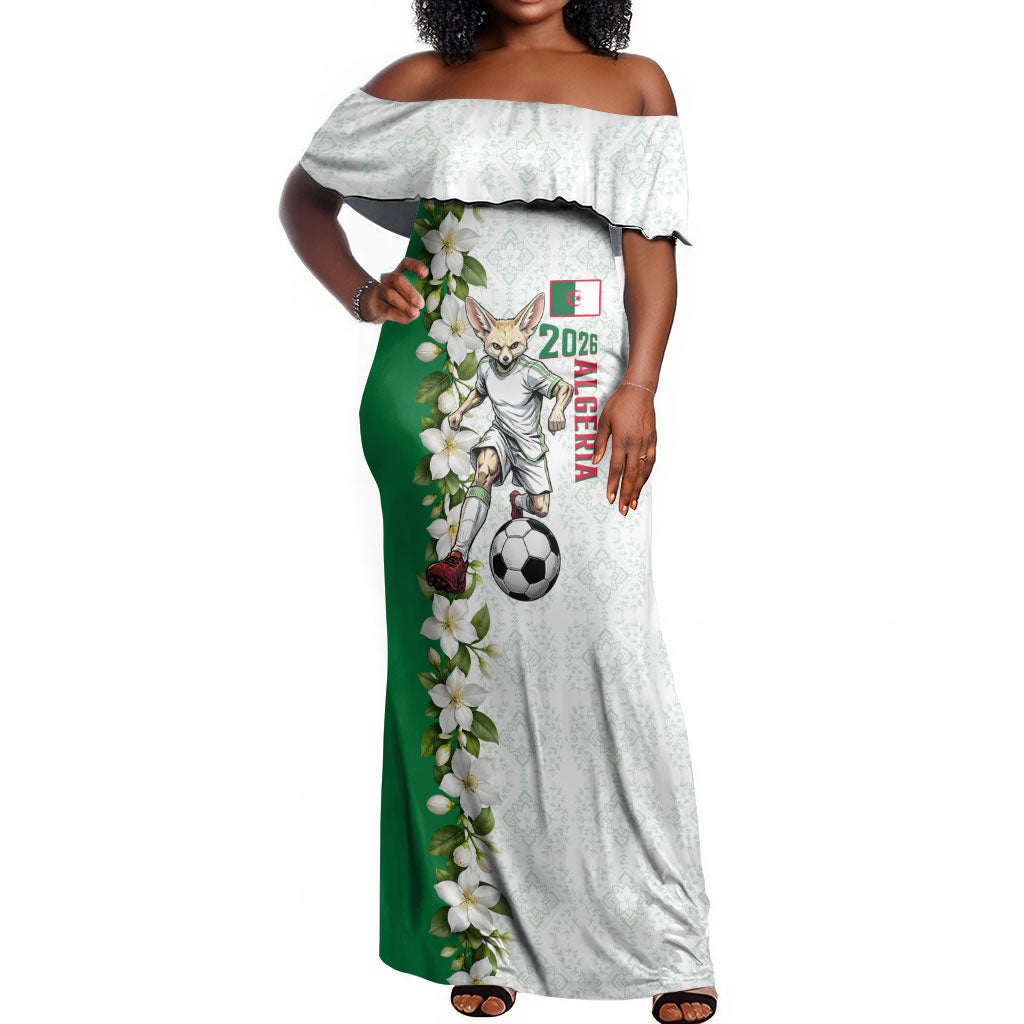 Personalized Algeria Football Desert Fox Off Shoulder Maxi Dress Desert Fox Mascot Soccer Art With Floral Jasmine And Flag