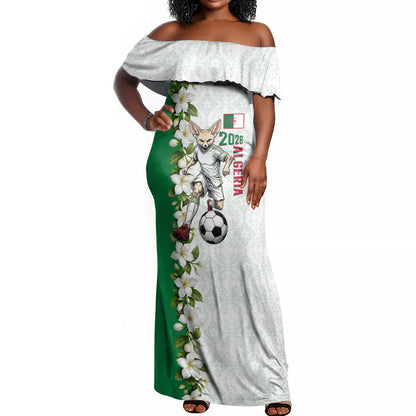 Personalized Algeria Football Desert Fox Off Shoulder Maxi Dress Desert Fox Mascot Soccer Art With Floral Jasmine And Flag