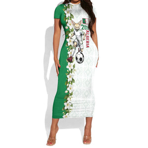 Personalized Algeria Football Desert Fox Short Sleeve Bodycon Dress Desert Fox Mascot Soccer Art With Floral Jasmine And Flag