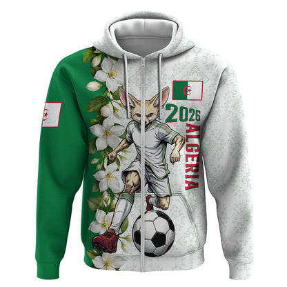 Personalized Algeria Football Desert Fox Zip Hoodie Desert Fox Mascot Soccer Art With Floral Jasmine And Flag