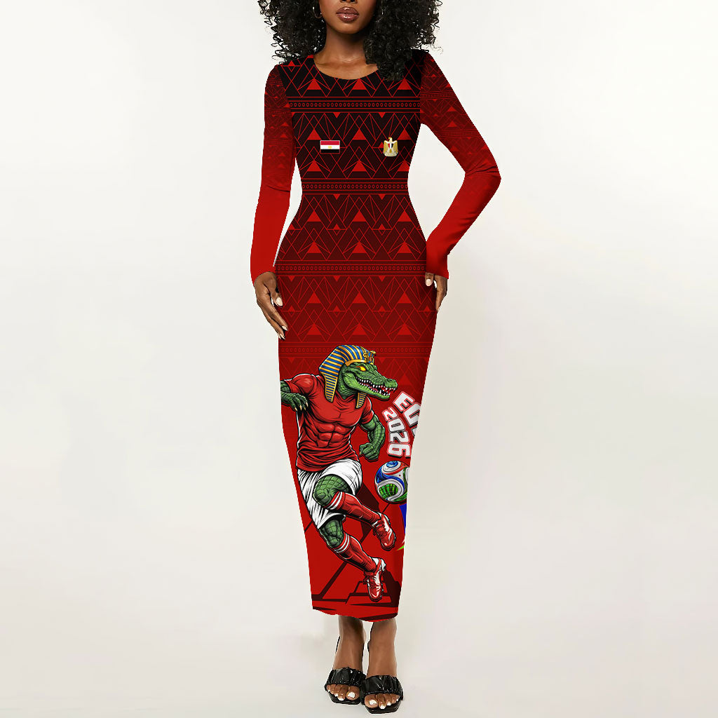 Personalized Egypt Soccer Crocodile Mascot Long Sleeve Bodycon Dress Egyptian Pyramid Football Cultural Graphic Art