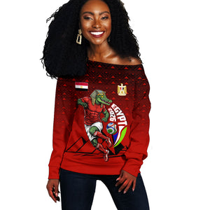 Personalized Egypt Soccer Crocodile Mascot Off Shoulder Sweater Egyptian Pyramid Football Cultural Graphic Art