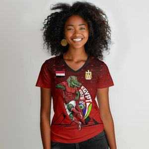 Personalized Egypt Soccer Crocodile Mascot Women V-Neck T-Shirt Egyptian Pyramid Football Cultural Graphic Art