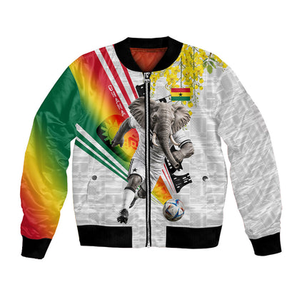 Personalized Ghana Soccer Elephant Bomber Jacket Ghana Flag Kente Football Player - Cassia Fistula Flower