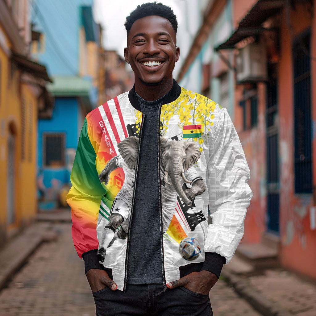 Personalized Ghana Soccer Elephant Bomber Jacket Ghana Flag Kente Football Player - Cassia Fistula Flower