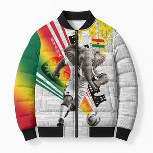 Personalized Ghana Soccer Elephant Bomber Puffer Jacket Ghana Flag Kente Football Player - Cassia Fistula Flower