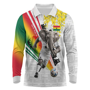 Personalized Ghana Soccer Elephant Long Sleeve Polo Shirt Ghana Flag Kente Football Player - Cassia Fistula Flower