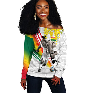 Personalized Ghana Soccer Elephant Off Shoulder Sweater Ghana Flag Kente Football Player - Cassia Fistula Flower