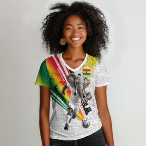 Personalized Ghana Soccer Elephant Women V-Neck T-Shirt Ghana Flag Kente Football Player - Cassia Fistula Flower