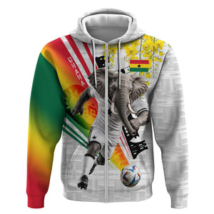 Personalized Ghana Soccer Elephant Zip Hoodie Ghana Flag Kente Football Player - Cassia Fistula Flower