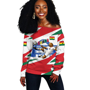 Personalized Ghana Soccer Eagle Off Shoulder Sweater Ghana Flag Kente - Black Stars Football Stadium Graphic