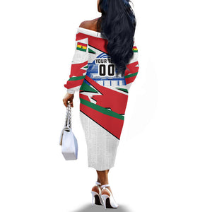 Personalized Ghana Soccer Eagle Off The Shoulder Long Sleeve Dress Ghana Flag Kente - Black Stars Football Stadium Graphic
