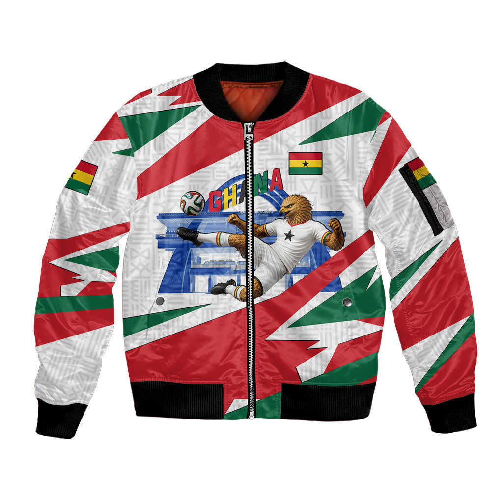 Personalized Ghana Soccer Eagle Sleeve Zip Bomber Jacket Ghana Flag Kente - Black Stars Football Stadium Graphic