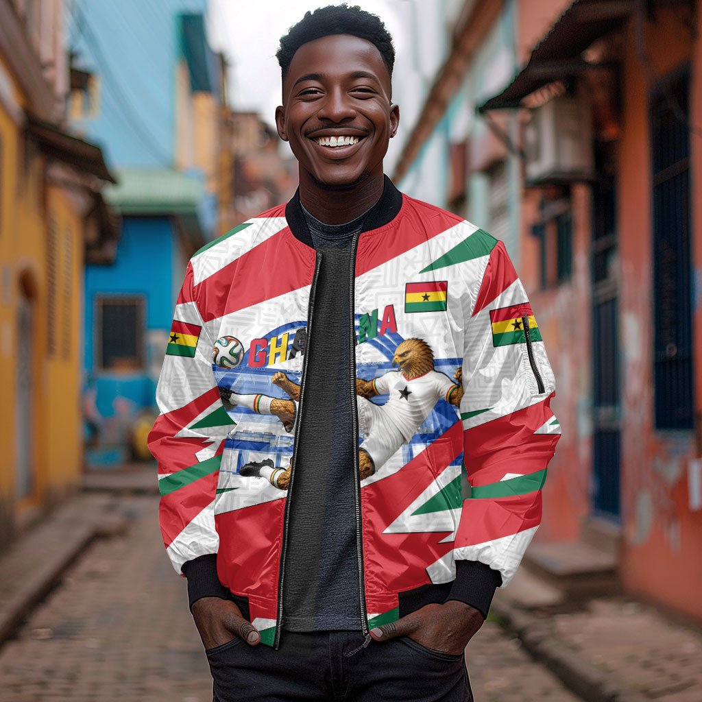 Personalized Ghana Soccer Eagle Sleeve Zip Bomber Jacket Ghana Flag Kente - Black Stars Football Stadium Graphic