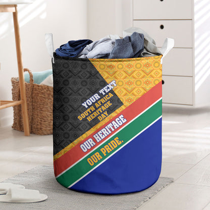Personalized South Africa Heritage Day Laundry Basket One Nation Many Stories Geometric Flag Pattern