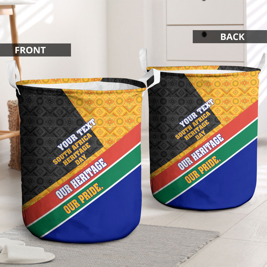 Personalized South Africa Heritage Day Laundry Basket One Nation Many Stories Geometric Flag Pattern