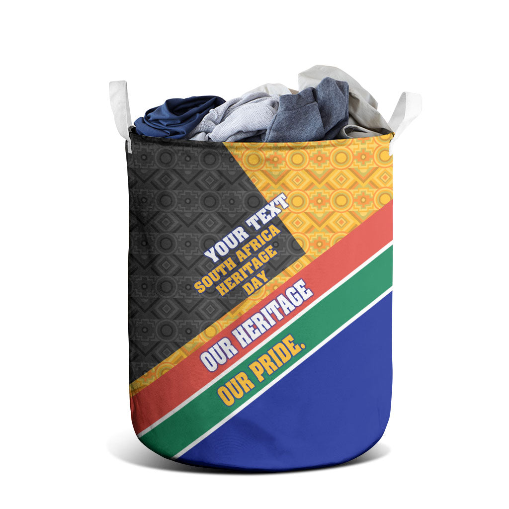 Personalized South Africa Heritage Day Laundry Basket One Nation Many Stories Geometric Flag Pattern