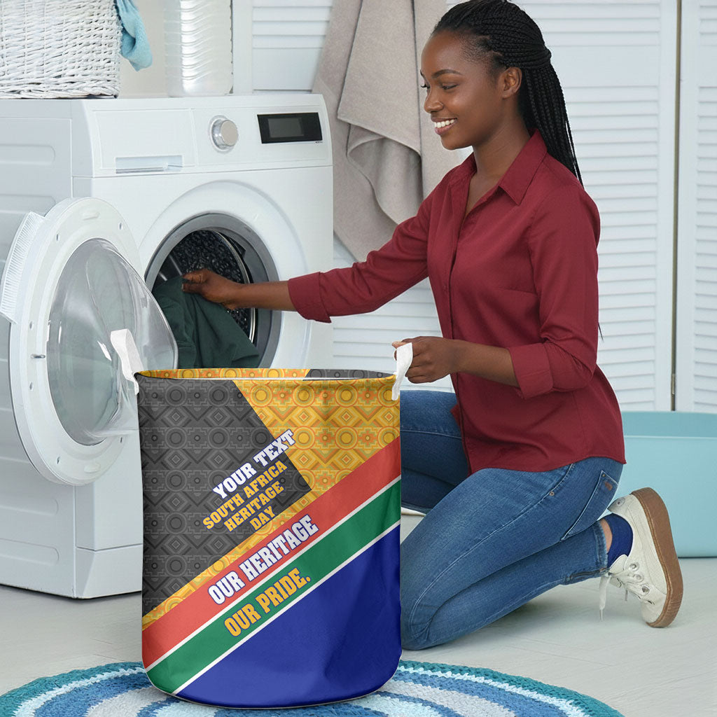 Personalized South Africa Heritage Day Laundry Basket One Nation Many Stories Geometric Flag Pattern