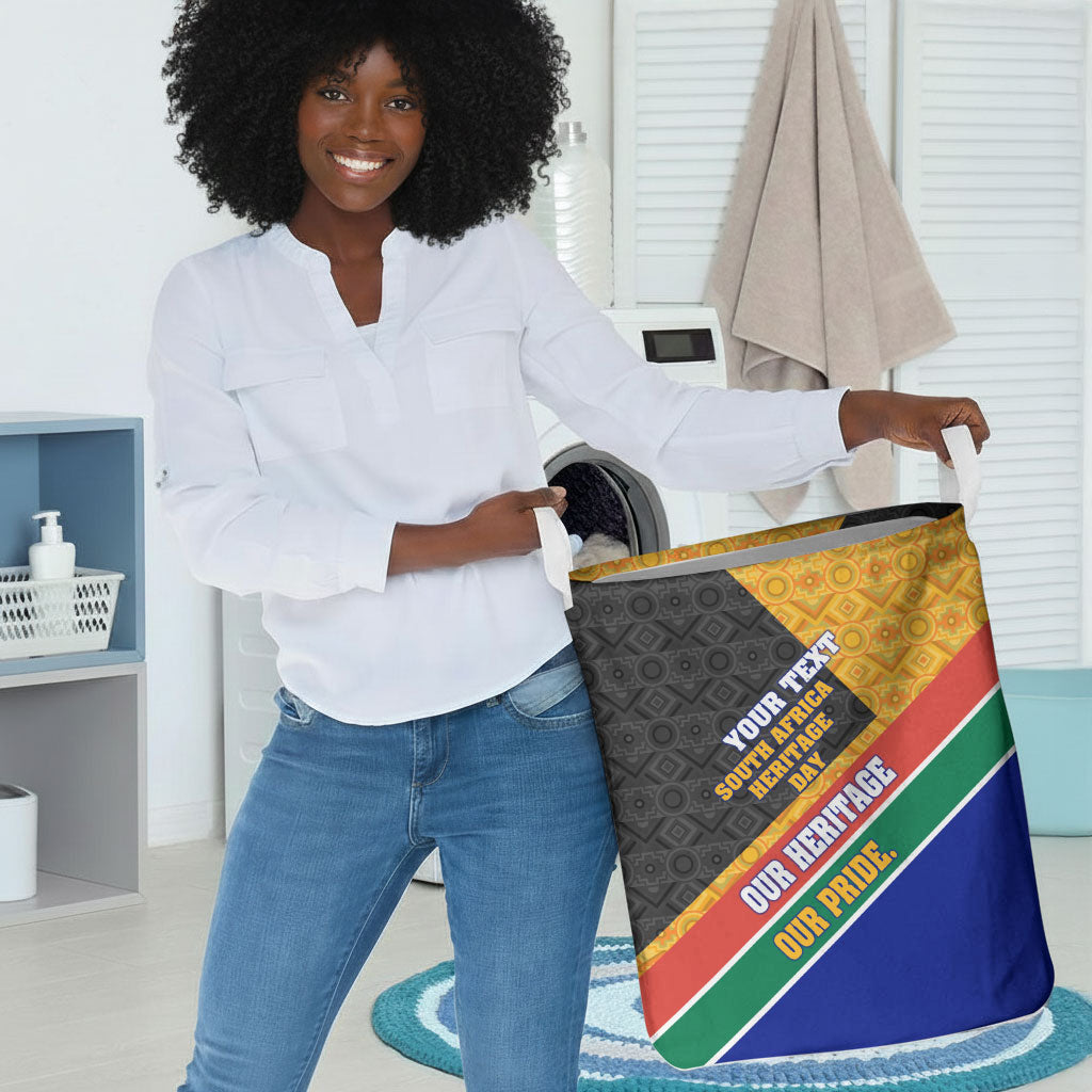 Personalized South Africa Heritage Day Laundry Basket One Nation Many Stories Geometric Flag Pattern