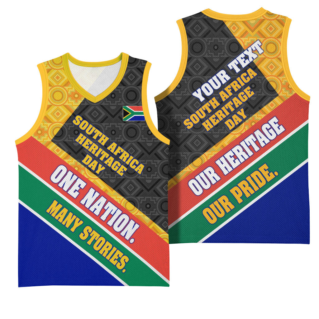 Personalized South Africa Heritage Day Basketball Jersey One Nation Many Stories Geometric Flag Pattern