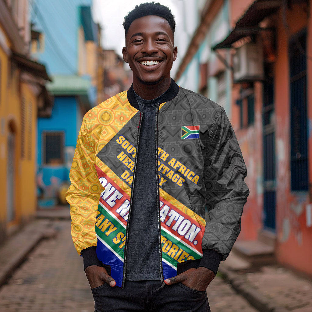 Personalized South Africa Heritage Day Bomber Jacket One Nation Many Stories Geometric Flag Pattern