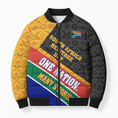 Personalized South Africa Heritage Day Bomber Puffer Jacket One Nation Many Stories Geometric Flag Pattern